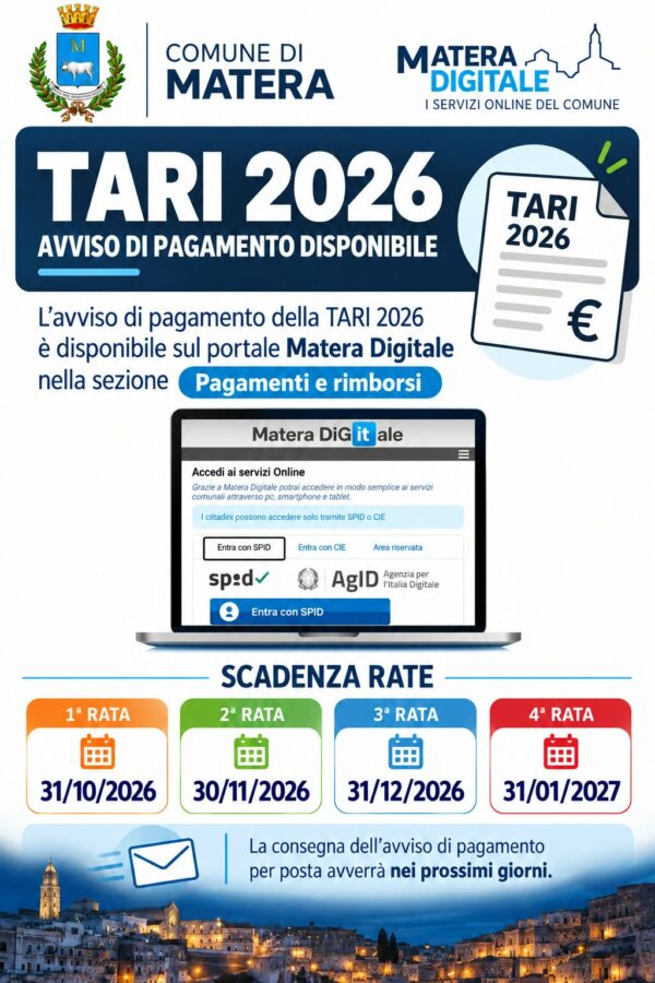 Avviso tari 2026 disponibile su matera digitale